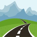 Asphalt road among the hills, which goes to the mountains, spring or summer landscape. Vector illustration Royalty Free Stock Photo